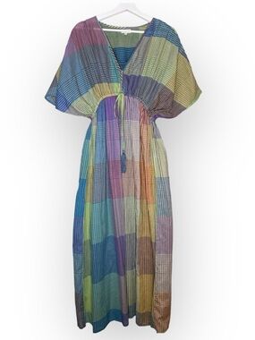World Market Mira Kaftan Midi Dress Vibrant Colorful Madras Plaid Size L/XL